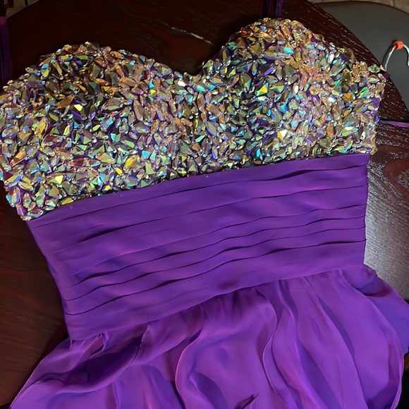 PURPLE RHINESTONE STRAPLESS LA FEMME COCKTAIL DRESS - Picture 3 of 12